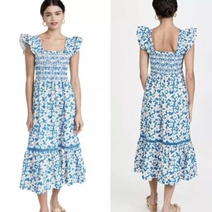 Shoshanna Hilma Flutter Sleeve Smocked Midi Dress Women’s Size 8 Blue